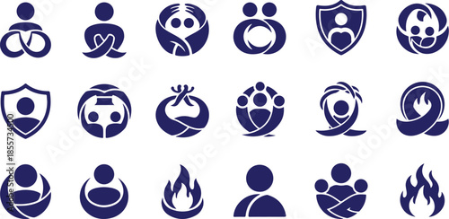 Vector art of set of blue abstract icons representing people, community, protection, unity, and family concepts