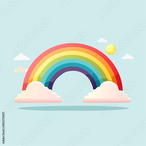 Cartoon rainbow with clouds and sun on a blue background.