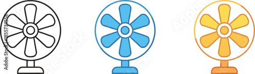 Flat vector illustration set of electric table fan icons in black blue and orange colors isolated on white background for appliance and cooling design