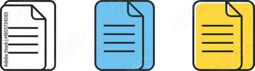 Flat vector illustration set of document and file icons in black blue and orange colors isolated on white background for office and data management