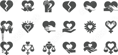 Vector art of collection of dark gray icons representing love, care, broken heart, hands holding heart, and justice scales with heart symbol
