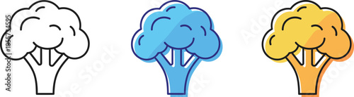 Flat vector illustration set of fresh broccoli vegetable icons in black blue and orange colors isolated on white background for healthy food and nutrition design