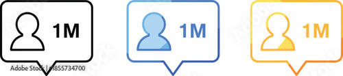 Flat vector illustration set of social media follower count icons showing one million subscribers in black blue and orange speech bubble shapes