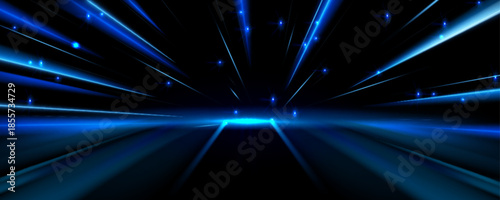 Speed light trails with neon blue lines radiating across dark background. Futuristic tech motion effect with luminous beams and glowing particles - dynamic energy burst on fast digital velocity scene.