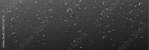 3D water drops on wet glass surface. Vector realistic illustration of transparent rain droplets on window, shower or bathroom wall, moisture spray texture, sweat effect, morning dew, seamless pattern
