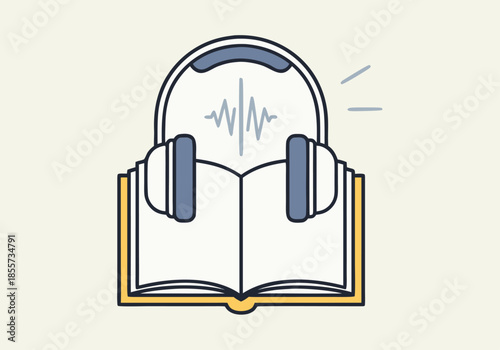Audiobook illustration featuring headphones over an open book with sound waves emanating