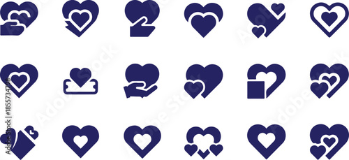 Vector art of assortment of blue heart icons featuring giving, receiving, outlining, and nested shapes for love and relationships