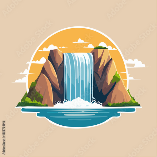 Stylized waterfall illustration with rocky cliffs and a circular sunset backdrop.