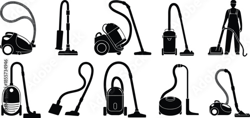 Vacuum cleaner silhouette, household appliance vector, cleaning equipment design, upright canister robot, floor care icon, home maintenance illustration