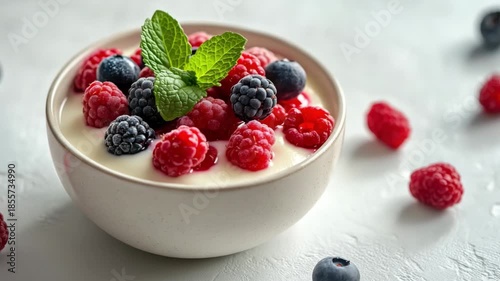 Smooth yogurt served in a white bowl with ripe raspberries, blueberries, and blackberries, garnished with mint. Refreshing and nutritious food option. Fresh, fruity, natural.