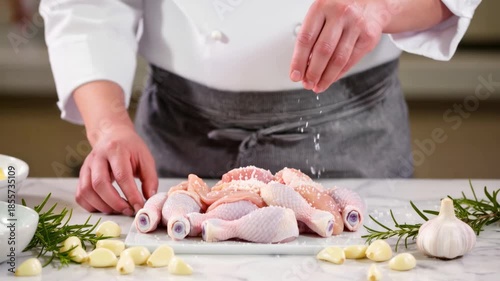 Closeup of a chef sprinkling salt on fresh raw chicken legs on a white surface. Garlic cloves and rosemary add flavor. Culinary process in home or professional kitchen. Fresh, rustic, clean.