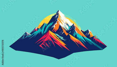 Colorful illustration of a mountain peak with snow and a yellow sun behind it.