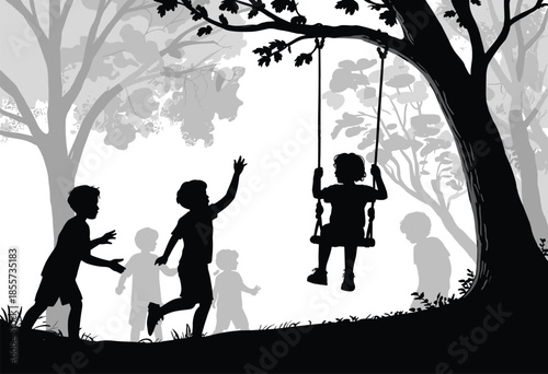 Children playing in forest silhouette illustration, outdoor nature scene with swing, tree, and social interaction vector design
