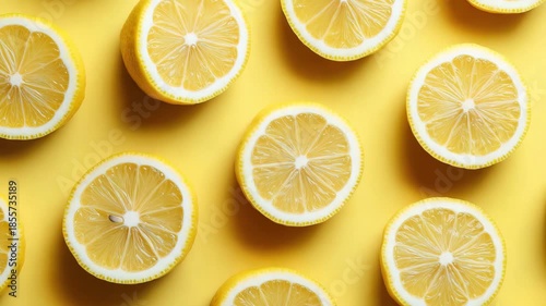 Top-down view of symmetrical lemon halves placed on a bright yellow surface. Juicy, fresh citrus slices create a vivid summer or food concept background. Clean, minimal, and colorful design.