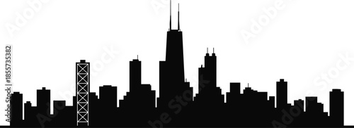 Chicago skyline silhouette, black cityscape vector, iconic skyscraper design, urban architecture illustration, USA landmark buildings, minimalist skyline art