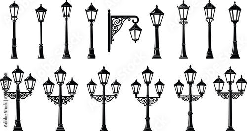 Vintage street lamp collection, classic urban lighting vector, ornate lamp post illustration, architectural decor art, city design graphic, stock set