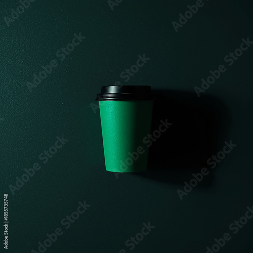 Green Coffee Cup on Green Background: A single, vibrant green coffee cup, capped with a sleek black lid, casts a subtle shadow against a dark green backdrop. Clean, minimalist composition.