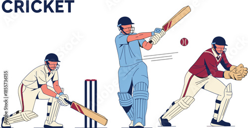 Cricket action illustration, batsman and wicketkeeper roles, blue and white uniform vector, sports icon design, team gameplay concept