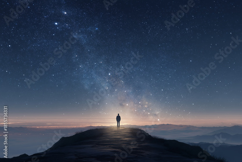 Man standing on the misty grassy hill at night with starry sky and Milky Way, creating a sense of wonder and cosmic exploration