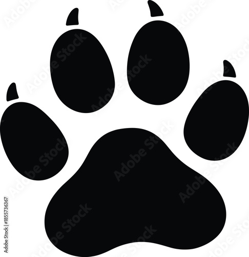 Single black silhouette vector illustration of a large animal paw print with sharp claws isolated on white background for wildlife and nature tracking