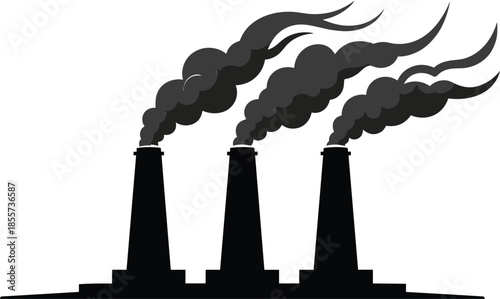 Black silhouettes of industrial factory chimneys emitting thick smoke into the air, environmental pollution and manufacturing plant vector illustration set.