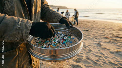Volunteer Sifts Sand for Plastic Debris During Beach Cleanup