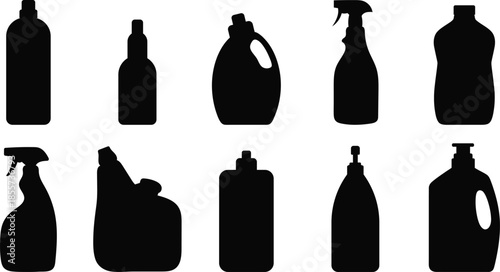 black silhouettes of various cleaning bottles and sprayers on white background