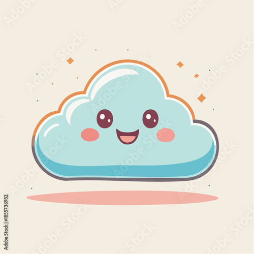 Cute cartoon cloud with a happy face and rosy cheeks floating above a pink shadow.