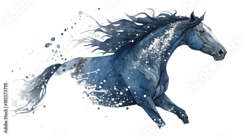 Majestic blue horse running with splashes of white