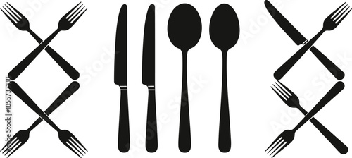 Black silhouette vector illustration set of crossed forks knives and spoons isolated on white background for restaurant menu kitchen and dining room decor
