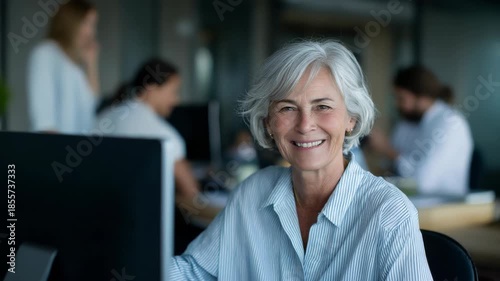 Cheerful elderly woman working at a modern office with colleagues smiling