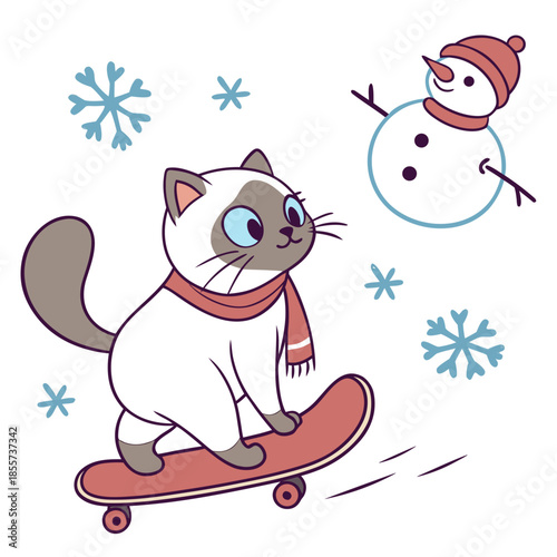 Winter Wonderland colored Birman with a Bashful touch, placed in a Winter theme and styled with riding a skateboard