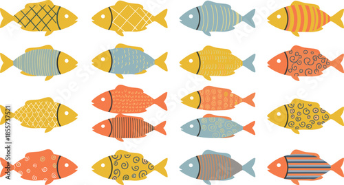 Flat vector illustration set of colorful fish with various patterns and textures isolated on white background for decorative marine life graphic design projects