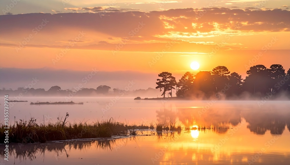 Fototapeta premium Foggy auntum forest over lansdscape