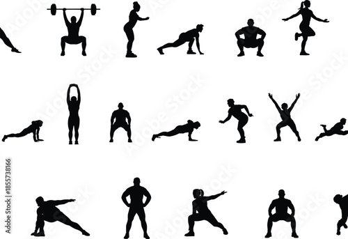 Fitness exercise silhouette icon set, black vector workout poses, physical training movement design, gym routine illustration, health activity symbols