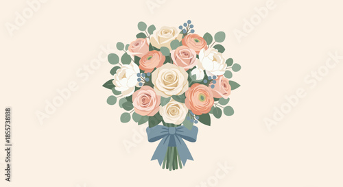 Romantic Wedding Bouquet with Roses Flat Vector