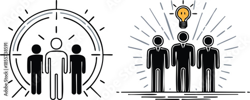 Abstract black icon three candidates standing together spotlighted figure leadership selection concept hiring recruitment decision