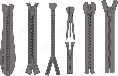 Zipper style icons, garment fastener designs, fashion accessory illustration, clothing closure symbols, textile hardware pack, stylish zipper variations