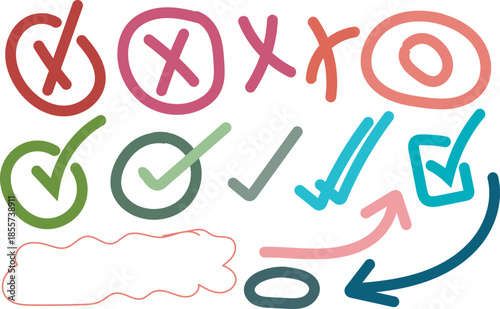 Hand drawn checkmarks and xs isolated on transparent background with colorful silhouettes