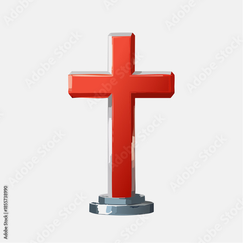 A red Christian cross with a silver outline and base, standing upright on a white background.