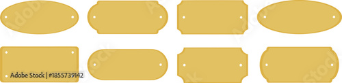 Gold metal nameplate set, blank tag collection, vintage label design, signage panel template, decorative mounting plate, vector illustration