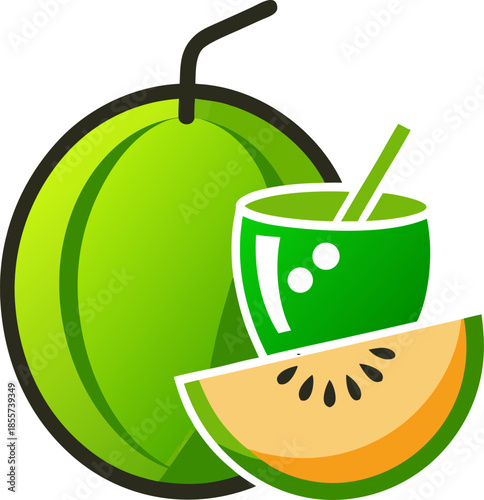 Kiwi-melon juice, refreshing green color, melon wedge. silhouette vector icon , , white background