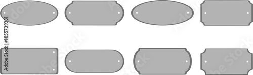 Gray metal nameplate set, blank label tag collection, industrial signage template, vintage mounting plate design, equipment ID panel, vector illustration