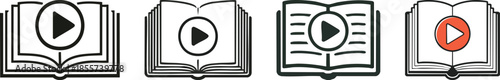 Black outline icon video play button inside book elearning media concept education knowledge platform symbol