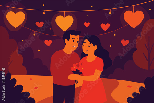 Romantic couple in love sharing a heart filled valentine moment with happiness and affection illustrated in soft pink style