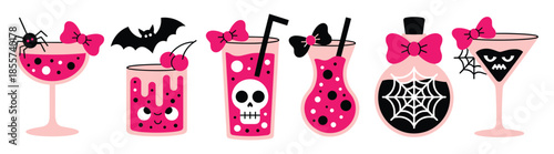 six pink and black halloween themed drinks and potions with