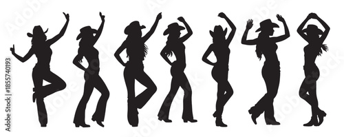 six silhouettes cowgirls dancing country western