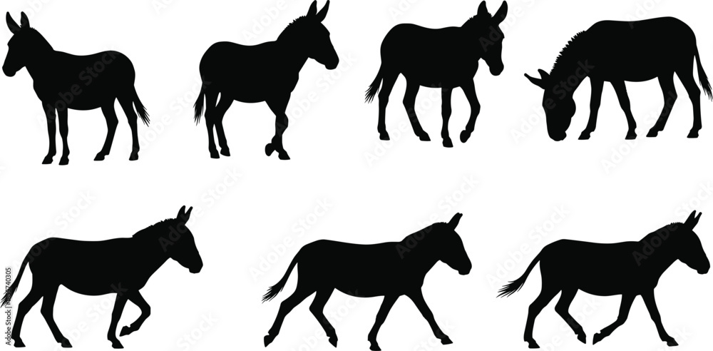 Fototapeta premium Set of Donkey Silhouettes in Various Poses Keywords: donkey, vector illustration icon
