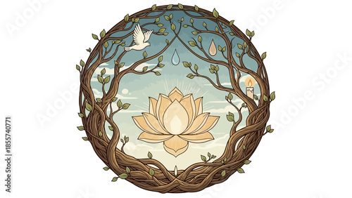 A serene circular illustration depicting a blooming lotus flower framed by intertwined branches and leaves, with a dove flying above and water droplets falling.
