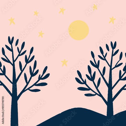Cosmic Night Sky with Trees Silhouette